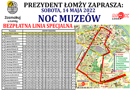 rozkład jazdy i mapa Noc Muzeów 14 maja 2022 r.