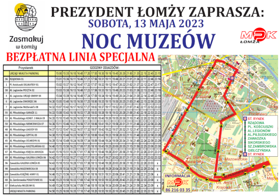 rozkład jazdy i mapa Noc Muzeów 13 maja 2023 r.